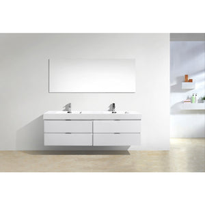 KUBEBATH Bliss BSL72D-GW 72" Double Wall Mount Bathroom Vanity in High Gloss White with White Acrylic Composite, Integrated Sinks, Rendered Front View