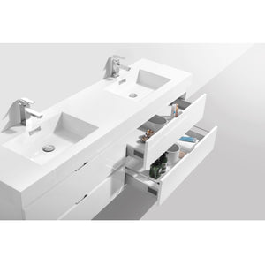 KUBEBATH Bliss BSL72D-GW 72" Double Wall Mount Bathroom Vanity in High Gloss White with White Acrylic Composite, Integrated Sinks, Open Drawers