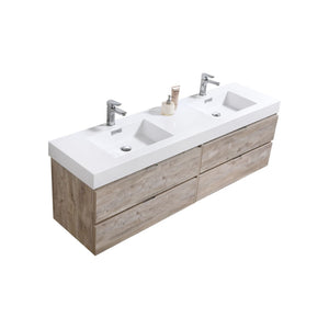 KUBEBATH Bliss BSL72D-NW 72" Double Wall Mount Bathroom Vanity in Nature Wood with White Acrylic Composite, Integrated Sinks, Angled View