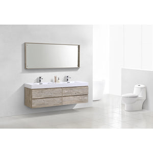 KUBEBATH Bliss BSL72D-NW 72" Double Wall Mount Bathroom Vanity in Nature Wood with White Acrylic Composite, Integrated Sinks, Rendered Angled View