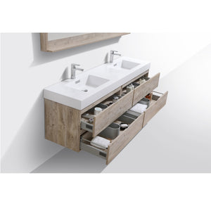 KUBEBATH Bliss BSL72D-NW 72" Double Wall Mount Bathroom Vanity in Nature Wood with White Acrylic Composite, Integrated Sinks, Open Drawers