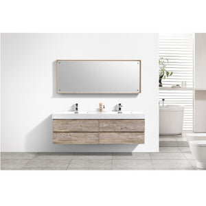 KUBEBATH Bliss BSL72D-NW 72" Double Wall Mount Bathroom Vanity in Nature Wood with White Acrylic Composite, Integrated Sinks, Rendered Front View