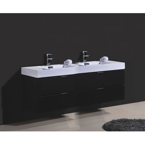 KUBEBATH Bliss BSL80D-BK 80" Double Wall Mount Bathroom Vanity in Black with White Acrylic Composite, Integrated Sinks, Rendered Angled View