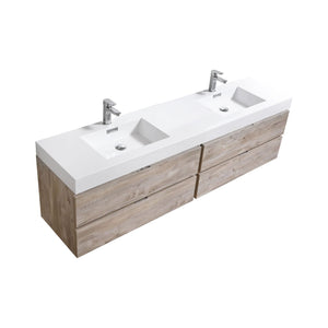 KUBEBATH Bliss BSL80D-NW 80" Double Wall Mount Bathroom Vanity in Nature Wood with White Acrylic Composite, Integrated Sinks, Angled View