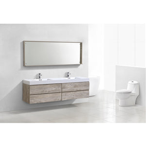 KUBEBATH Bliss BSL80D-NW 80" Double Wall Mount Bathroom Vanity in Nature Wood with White Acrylic Composite, Integrated Sinks, Rendered Angled View