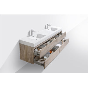 KUBEBATH Bliss BSL80D-NW 80" Double Wall Mount Bathroom Vanity in Nature Wood with White Acrylic Composite, Integrated Sinks, Open Drawers