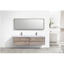 Load image into Gallery viewer, KUBEBATH Bliss BSL80D-NW 80&quot; Double Wall Mount Bathroom Vanity in Nature Wood with White Acrylic Composite, Integrated Sinks, Rendered Front View