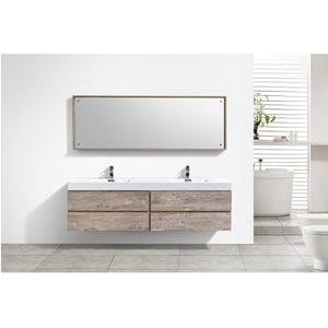 KUBEBATH Bliss BSL80D-NW 80" Double Wall Mount Bathroom Vanity in Nature Wood with White Acrylic Composite, Integrated Sinks, Rendered Front View