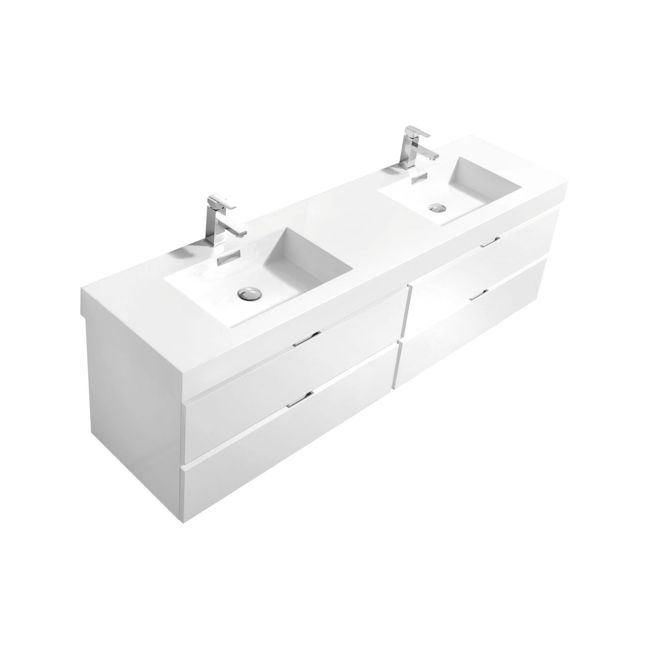 KUBEBATH Bliss BSL80D-GW 80" Double Wall Mount Bathroom Vanity in High Gloss White with White Acrylic Composite, Integrated Sinks, Angled View