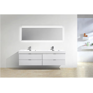 KUBEBATH Bliss BSL80D-GW 80" Double Wall Mount Bathroom Vanity in High Gloss White with White Acrylic Composite, Integrated Sinks, Rendered Front View
