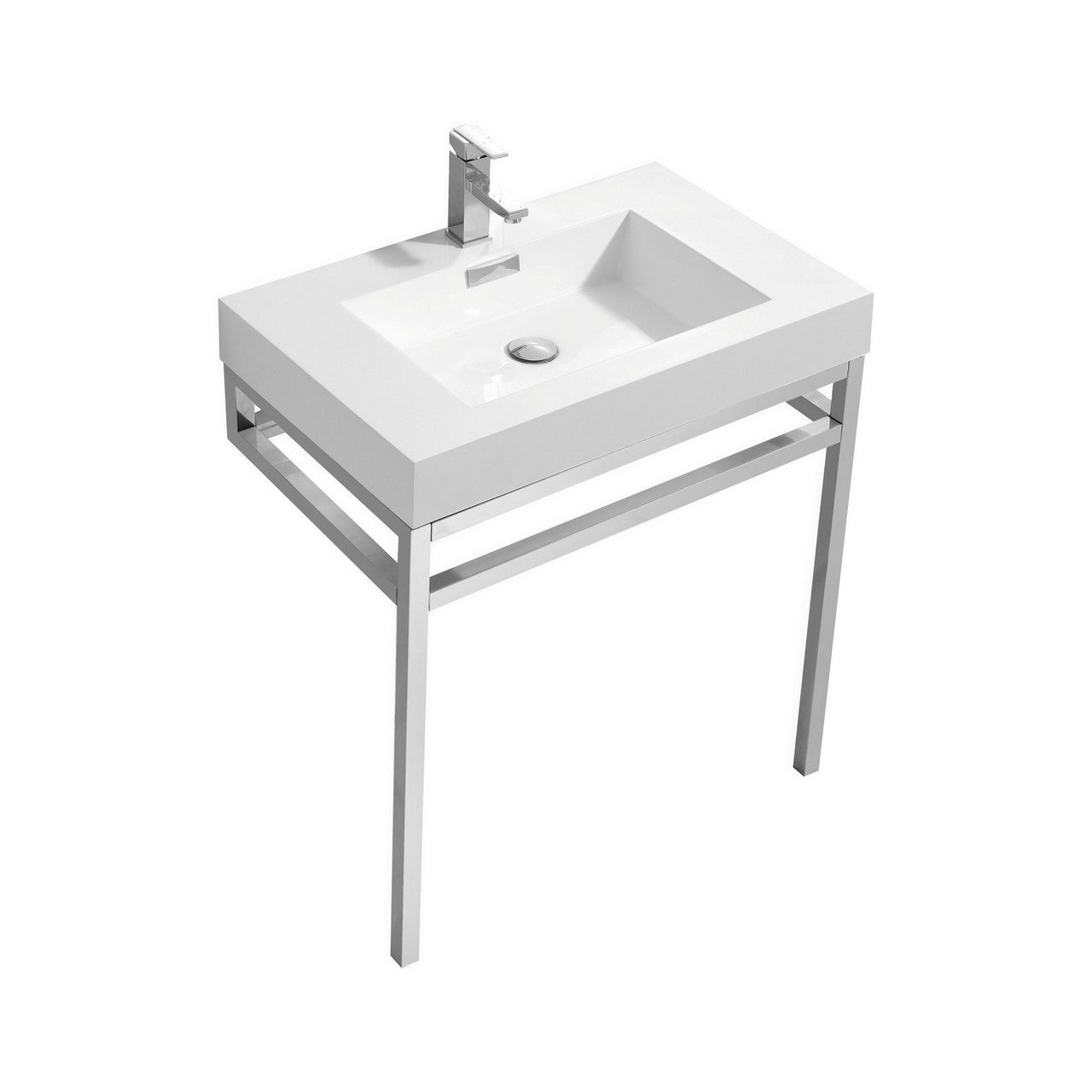 KUBEBATH Haus CH30 30" Single Bathroom Vanity in Chrome with White Acrylic Composite, Integrated Sink, Angled View