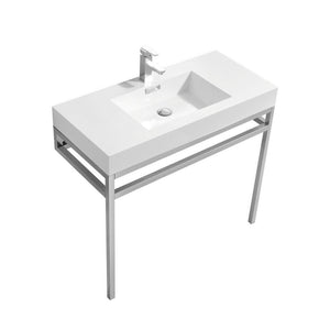 KUBEBATH Haus CH36 36" Single Bathroom Vanity in Chrome with White Acrylic Composite, Integrated Sink, Angled View