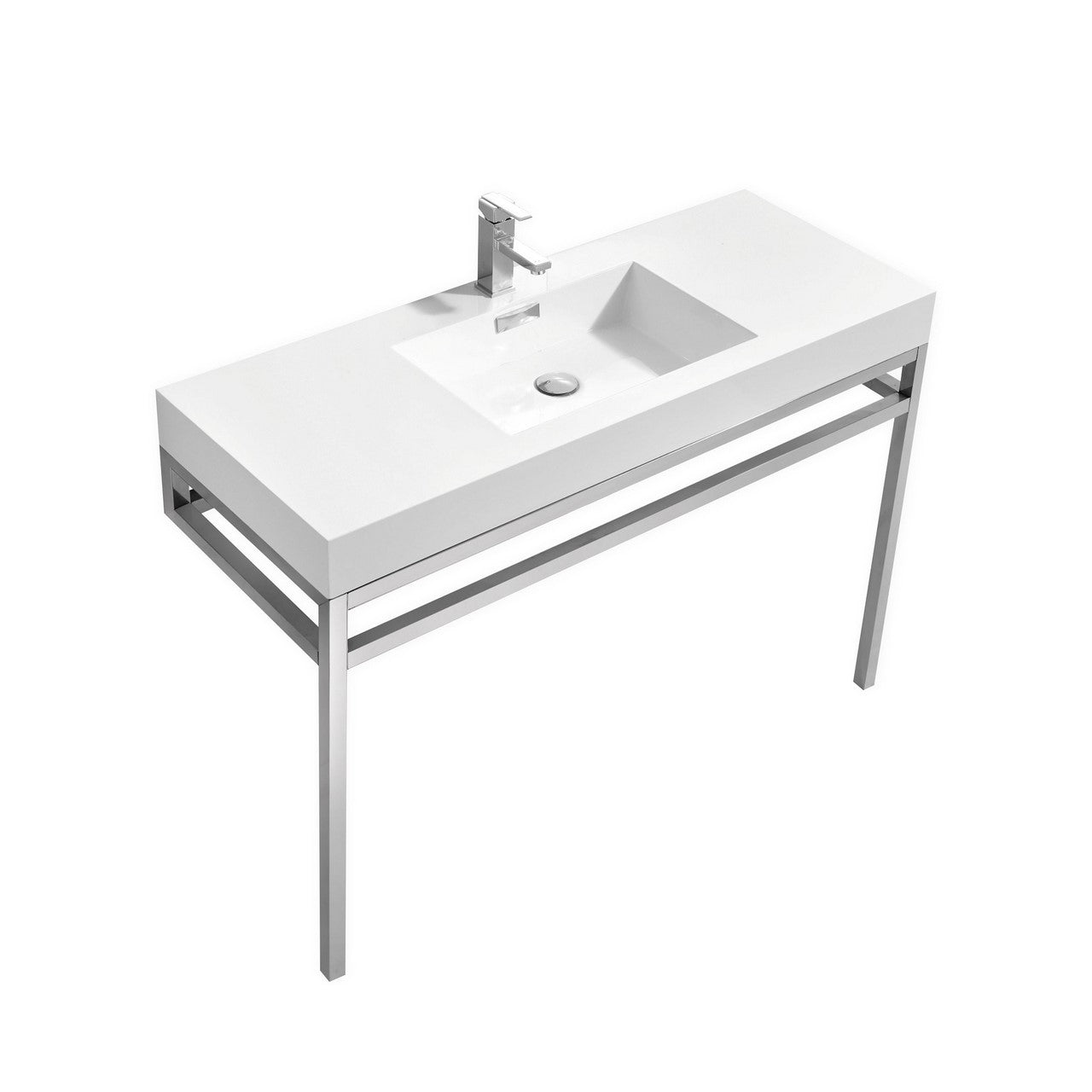 KUBEBATH Haus CH48 48" Single Bathroom Vanity in Chrome with White Acrylic Composite, Integrated Sink, Angled View