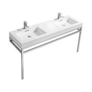 KUBEBATH Haus CH60D 60" Double Bathroom Vanity in Chrome with White Acrylic Composite, Integrated Sinks, Angled View