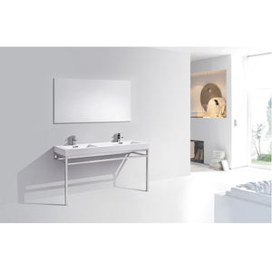 KUBEBATH Haus CH60D 60" Double Bathroom Vanity in Chrome with White Acrylic Composite, Integrated Sinks, Rendered Angled View