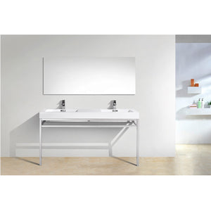 KUBEBATH Haus CH60D 60" Double Bathroom Vanity in Chrome with White Acrylic Composite, Integrated Sinks, Rendered Front View