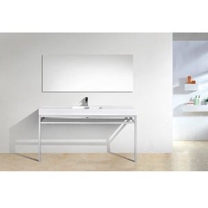 KUBEBATH Haus CH60S 60" Single Bathroom Vanity in Chrome with White Acrylic Composite, Integrated Sink, Rendered Front View