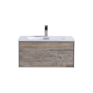 KUBEBATH Divario D30NW 30" Single Wall Mount Bathroom Vanity in Nature Wood with White Acrylic Composite, Integrated Sink, Front View