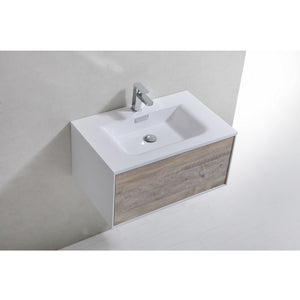 KUBEBATH Divario D30NW 30" Single Wall Mount Bathroom Vanity in Nature Wood with White Acrylic Composite, Integrated Sink, Top Angled View
