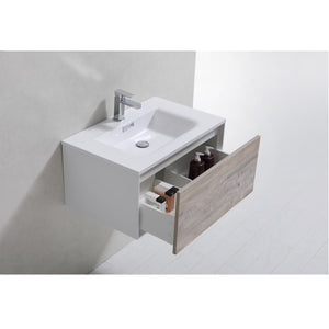 KUBEBATH Divario D30NW 30" Single Wall Mount Bathroom Vanity in Nature Wood with White Acrylic Composite, Integrated Sink, Open Drawers