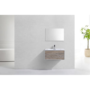 KUBEBATH Divario D30NW 30" Single Wall Mount Bathroom Vanity in Nature Wood with White Acrylic Composite, Integrated Sink, Rendered Front View