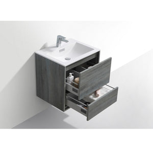 KUBEBATH De Lusso DL24-BE 24" Single Wall Mount Bathroom Vanity in Ocean Gray with White Acrylic Composite, Integrated Sink, Open Drawers