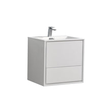 Load image into Gallery viewer, KUBEBATH De Lusso DL24-GW 24&quot; Single Wall Mount Bathroom Vanity in High Glossy White with White Acrylic Composite, Integrated Sink, Angled View