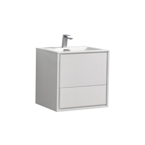 KUBEBATH De Lusso DL24-GW 24" Single Wall Mount Bathroom Vanity in High Glossy White with White Acrylic Composite, Integrated Sink, Angled View