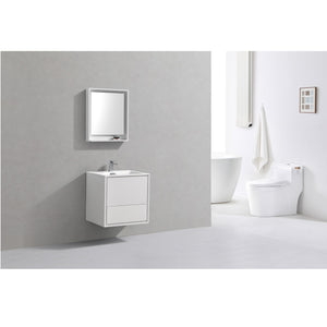 KUBEBATH De Lusso DL24-GW 24" Single Wall Mount Bathroom Vanity in High Glossy White with White Acrylic Composite, Integrated Sink, Rendered Angled View