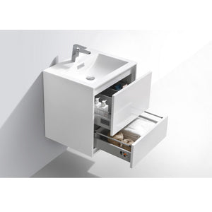 KUBEBATH De Lusso DL24-GW 24" Single Wall Mount Bathroom Vanity in High Glossy White with White Acrylic Composite, Integrated Sink, Open Drawers
