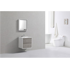 KUBEBATH De Lusso DL24-HGASH 24" Single Wall Mount Bathroom Vanity in Ash Gray with White Acrylic Composite, Integrated Sink, Rendered Angled View
