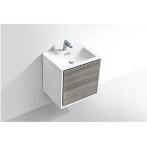 KUBEBATH De Lusso DL24-HGASH 24" Single Wall Mount Bathroom Vanity in Ash Gray with White Acrylic Composite, Integrated Sink, Top Angled View