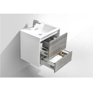 KUBEBATH De Lusso DL24-HGASH 24" Single Wall Mount Bathroom Vanity in Ash Gray with White Acrylic Composite, Integrated Sink, Open Drawers