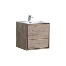 Load image into Gallery viewer, KUBEBATH De Lusso DL24-NW 24&quot; Single Wall Mount Bathroom Vanity in Nature Wood with White Acrylic Composite, Integrated Sink, Angled View