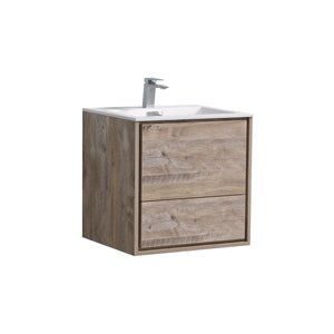 KUBEBATH De Lusso DL24-NW 24" Single Wall Mount Bathroom Vanity in Nature Wood with White Acrylic Composite, Integrated Sink, Angled View