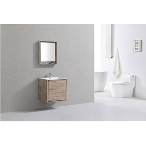 KUBEBATH De Lusso DL24-NW 24" Single Wall Mount Bathroom Vanity in Nature Wood with White Acrylic Composite, Integrated Sink, Rendered Angled View