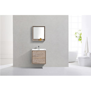 KUBEBATH De Lusso DL24-NW 24" Single Wall Mount Bathroom Vanity in Nature Wood with White Acrylic Composite, Integrated Sink, Rendered Front View