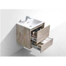 Load image into Gallery viewer, KUBEBATH De Lusso DL24-NW 24&quot; Single Wall Mount Bathroom Vanity in Nature Wood with White Acrylic Composite, Integrated Sink, Open Drawers