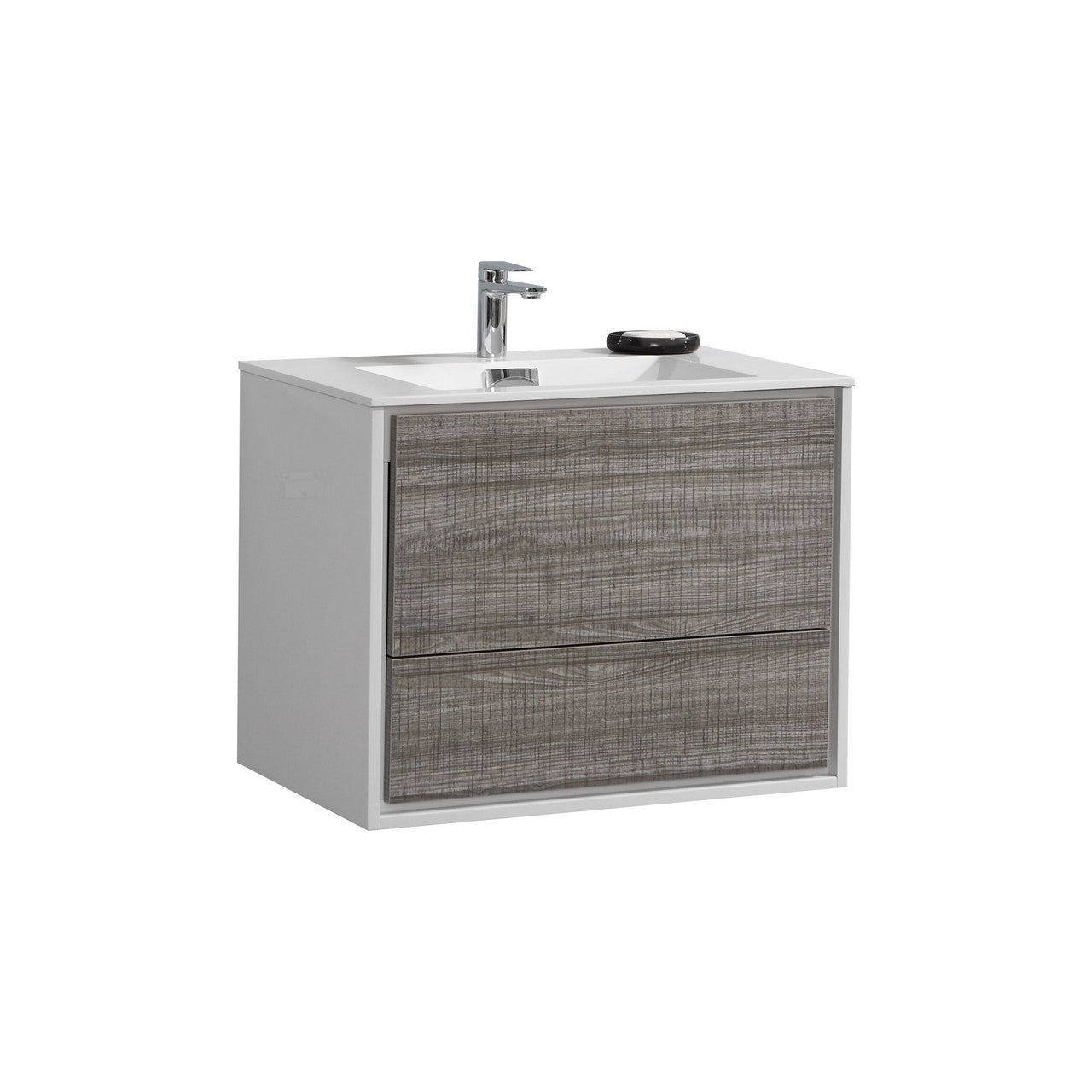 KUBEBATH De Lusso DL30-HGASH 30" Single Wall Mount Bathroom Vanity in Ash Gray with White Acrylic Composite, Integrated Sink, Angled View