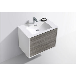 KUBEBATH De Lusso DL30-HGASH 30" Single Wall Mount Bathroom Vanity in Ash Gray with White Acrylic Composite, Integrated Sink, Top Angled View