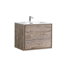 Load image into Gallery viewer, KUBEBATH De Lusso DL30-NW 30&quot; Single Wall Mount Bathroom Vanity in Nature Wood with White Acrylic Composite, Integrated Sink, Angled View