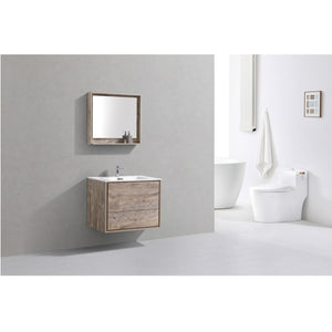 KUBEBATH De Lusso DL30-NW 30" Single Wall Mount Bathroom Vanity in Nature Wood with White Acrylic Composite, Integrated Sink, Rendered Angled View