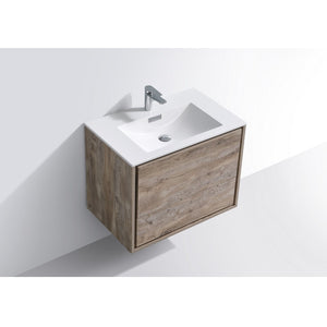 KUBEBATH De Lusso DL30-NW 30" Single Wall Mount Bathroom Vanity in Nature Wood with White Acrylic Composite, Integrated Sink, Top Angled View