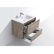 Load image into Gallery viewer, KUBEBATH De Lusso DL30-NW 30&quot; Single Wall Mount Bathroom Vanity in Nature Wood with White Acrylic Composite, Integrated Sink, Open Drawers