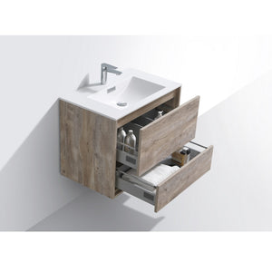 KUBEBATH De Lusso DL30-NW 30" Single Wall Mount Bathroom Vanity in Nature Wood with White Acrylic Composite, Integrated Sink, Open Drawers