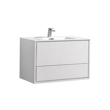 Load image into Gallery viewer, KUBEBATH De Lusso DL36-GW 36&quot; Single Wall Mount Bathroom Vanity in High Gloss White with White Acrylic Composite, Integrated Sink, Angled View