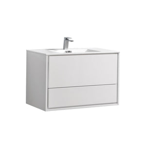 KUBEBATH De Lusso DL36-GW 36" Single Wall Mount Bathroom Vanity in High Gloss White with White Acrylic Composite, Integrated Sink, Angled View