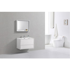 KUBEBATH De Lusso DL36-GW 36" Single Wall Mount Bathroom Vanity in High Gloss White with White Acrylic Composite, Integrated Sink, Rendered Angled View