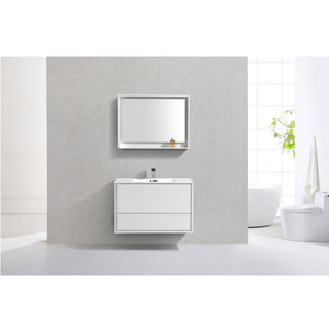 KUBEBATH De Lusso DL36-GW 36" Single Wall Mount Bathroom Vanity in High Gloss White with White Acrylic Composite, Integrated Sink, Rendered Front View