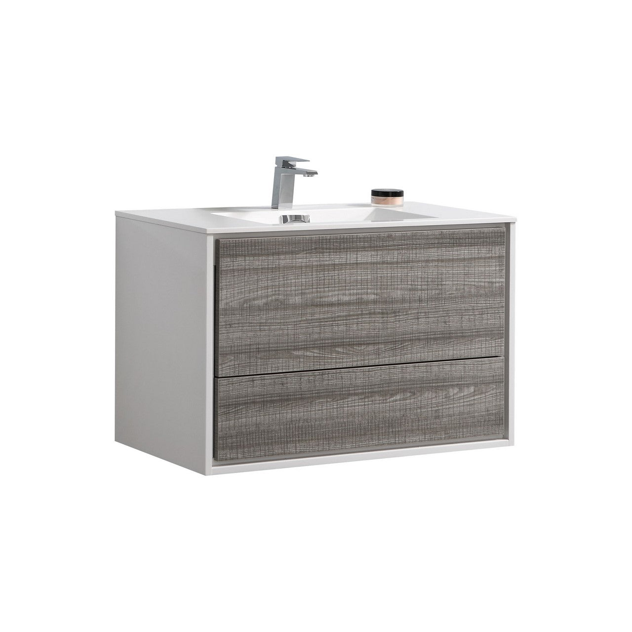 KUBEBATH De Lusso DL36-HGASH 36" Single Wall Mount Bathroom Vanity in Ash Gray with White Acrylic Composite, Integrated Sink, Angled View